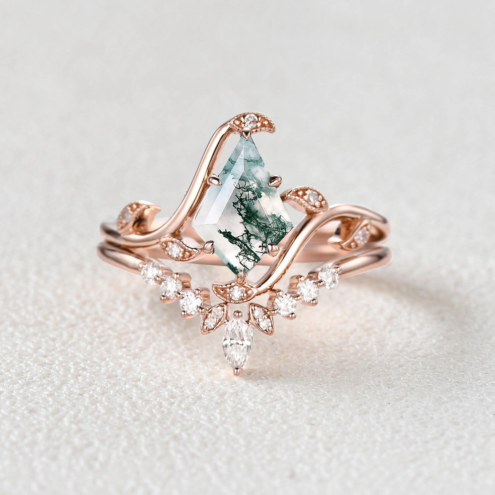 Unique Kite Cut Moss Agate Leafy Engagement Ring Sets 2pcs - Ivy Superior Design Trendy Article