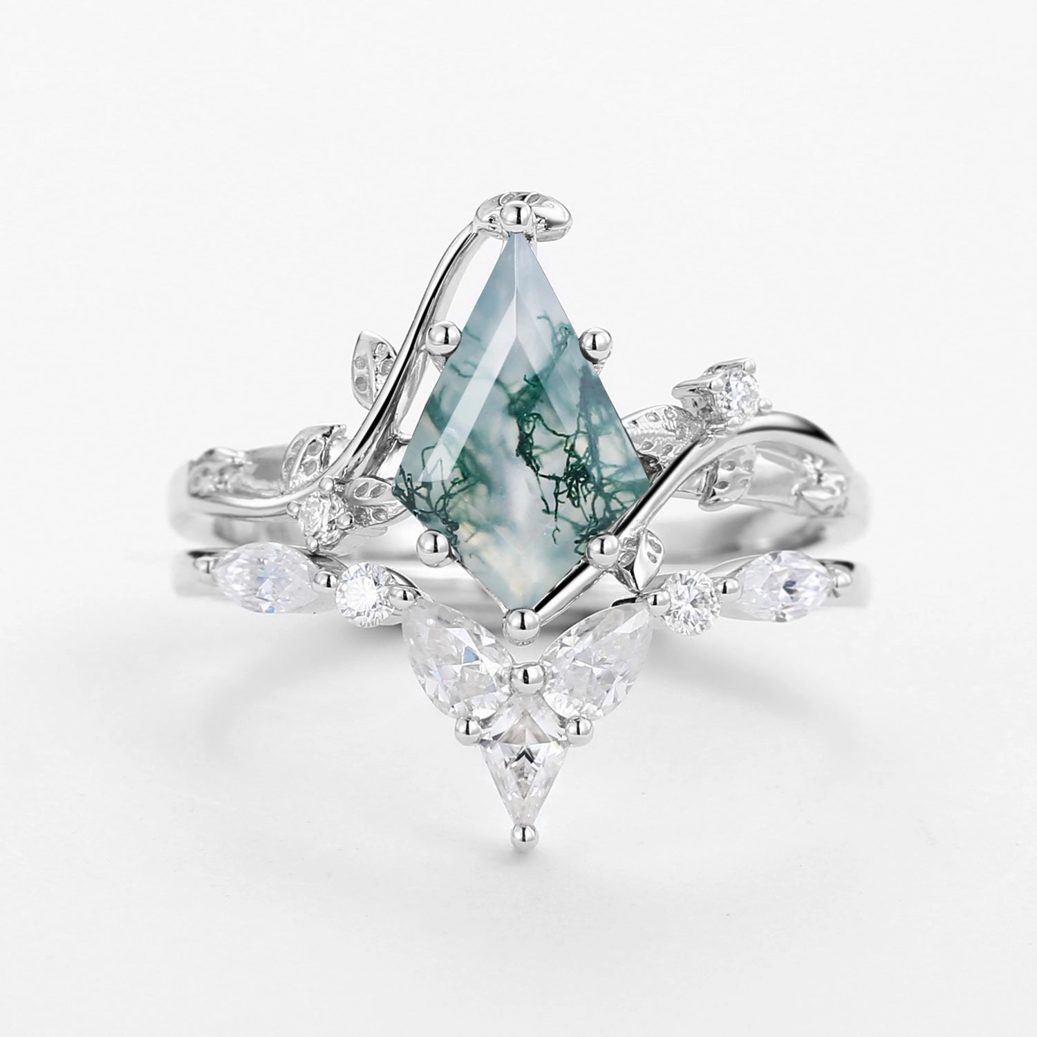 Unique Kite Cut Moss Agate Vine Engagement Ring Sets 2pcs Textured Detail Dainty Design
