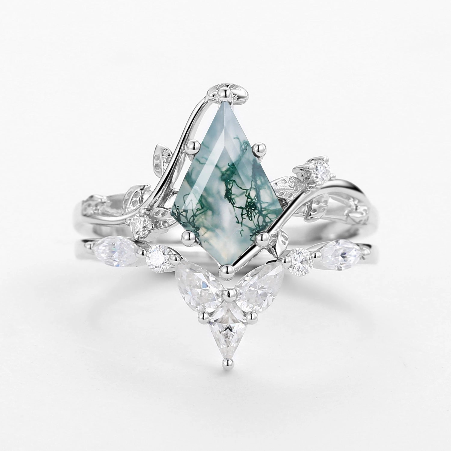 Unique Kite Cut Moss Agate Vine Engagement Ring Sets 2pcs standard size