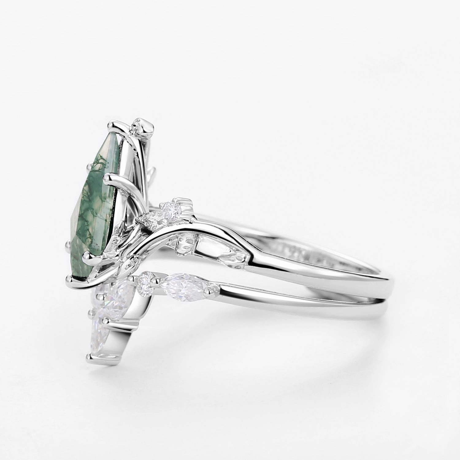 Heavyweight Feel High-End Adornment Unique Kite Cut Moss Agate Vine Engagement Ring Sets 2pcs