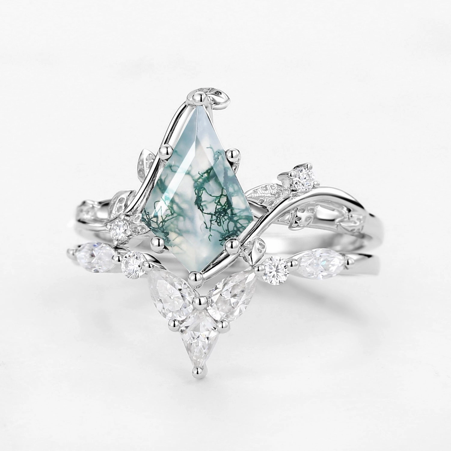 Unique Kite Cut Moss Agate Vine Engagement Ring Sets 2pcs Inspired Accent
