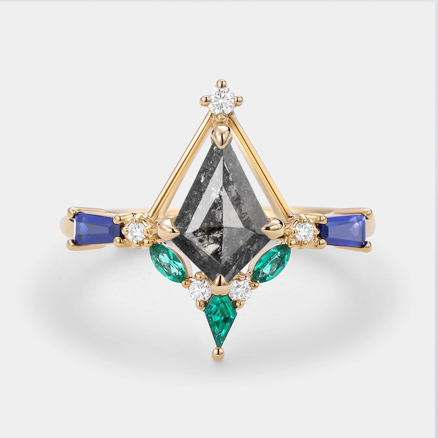 Dazzling Radiance Unique Kite Cut Salt and Pepper Diamond Curved Engagement Ring