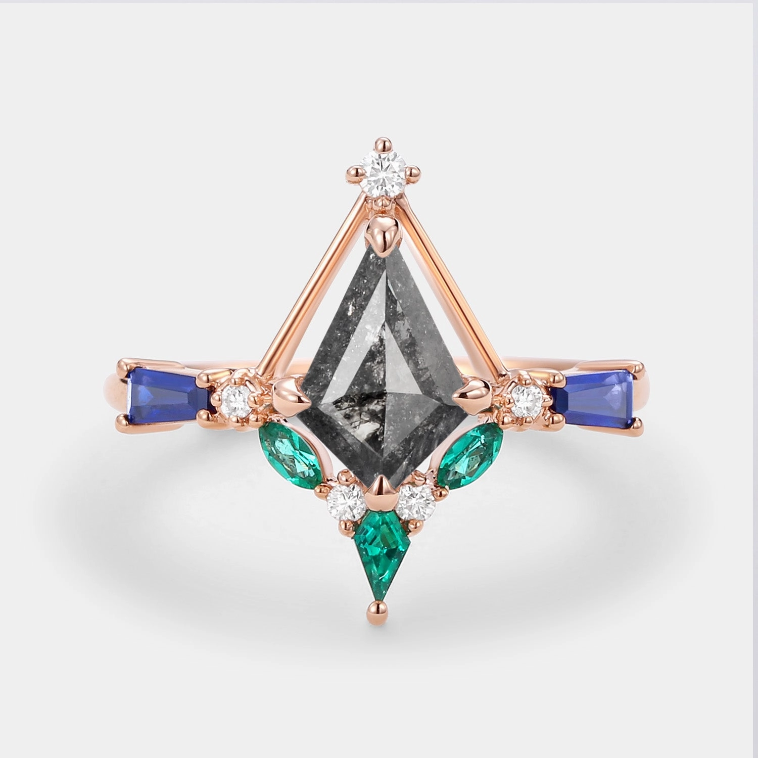 Luxe Touch Unique Kite Cut Salt and Pepper Diamond Curved Engagement Ring