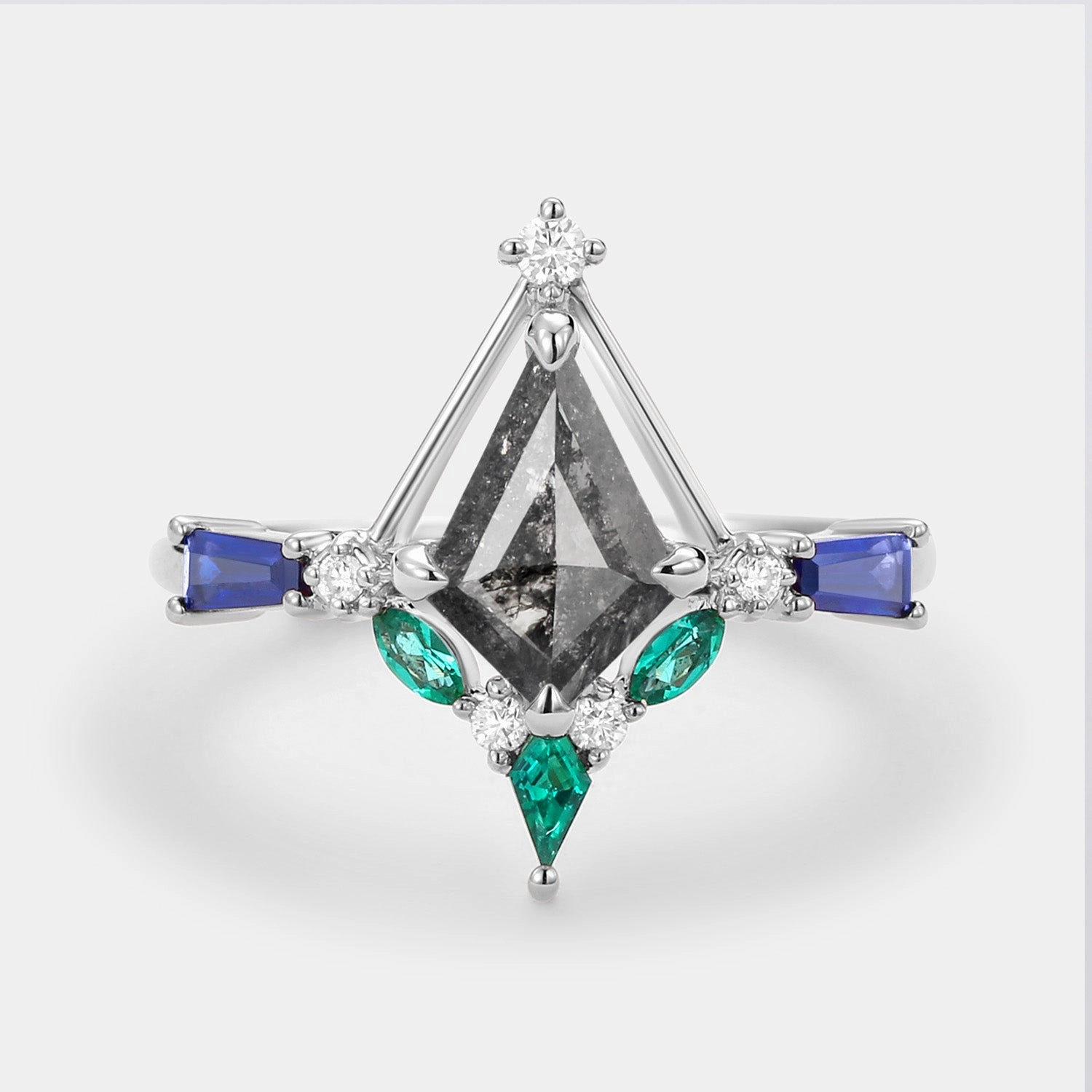 Unique Kite Cut Salt and Pepper Diamond Curved Engagement Ring Artisan Finish Modern Insignia