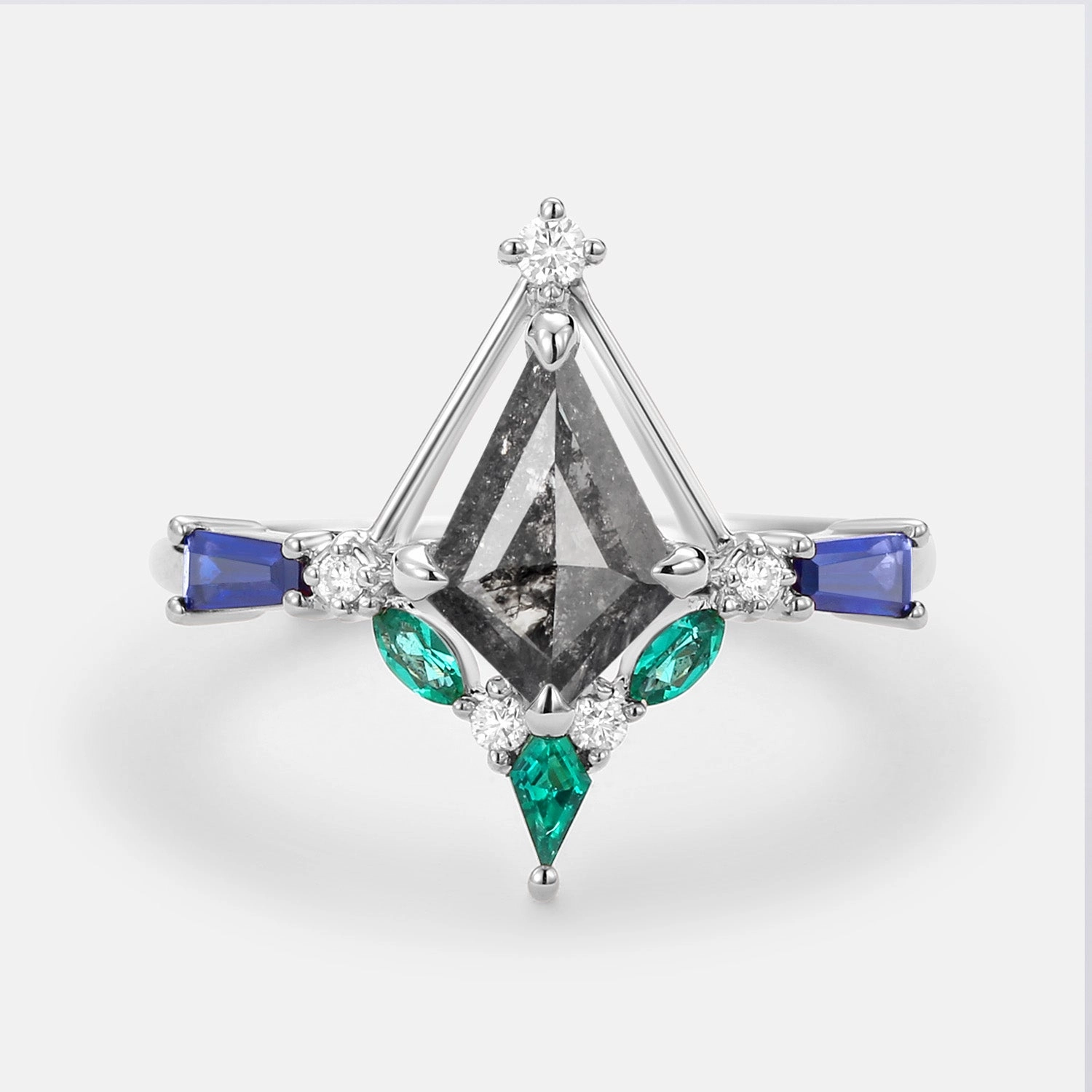 Fashionable Accessory Unique Kite Cut Salt and Pepper Diamond Curved Engagement Ring