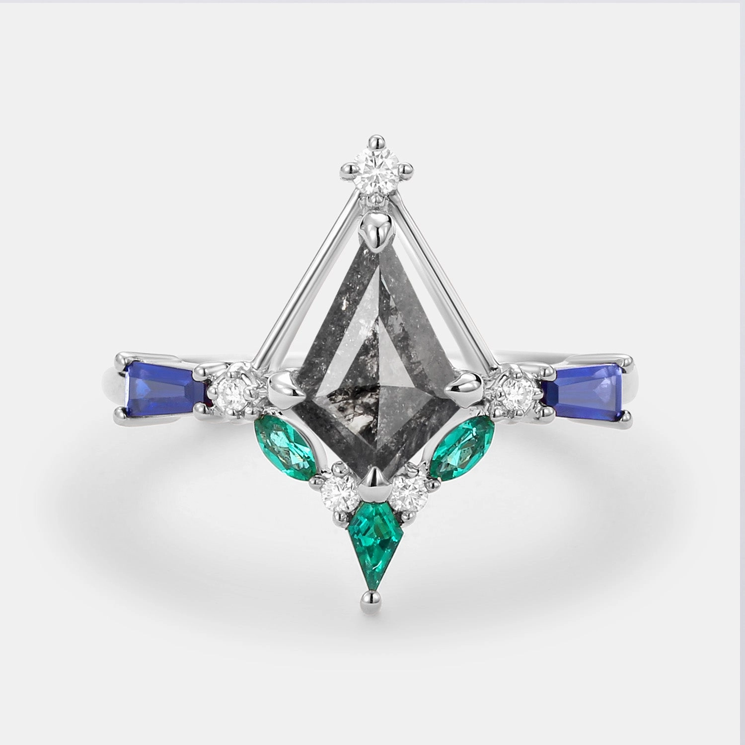 Party Outfit Unique Kite Cut Salt and Pepper Diamond Curved Engagement Ring