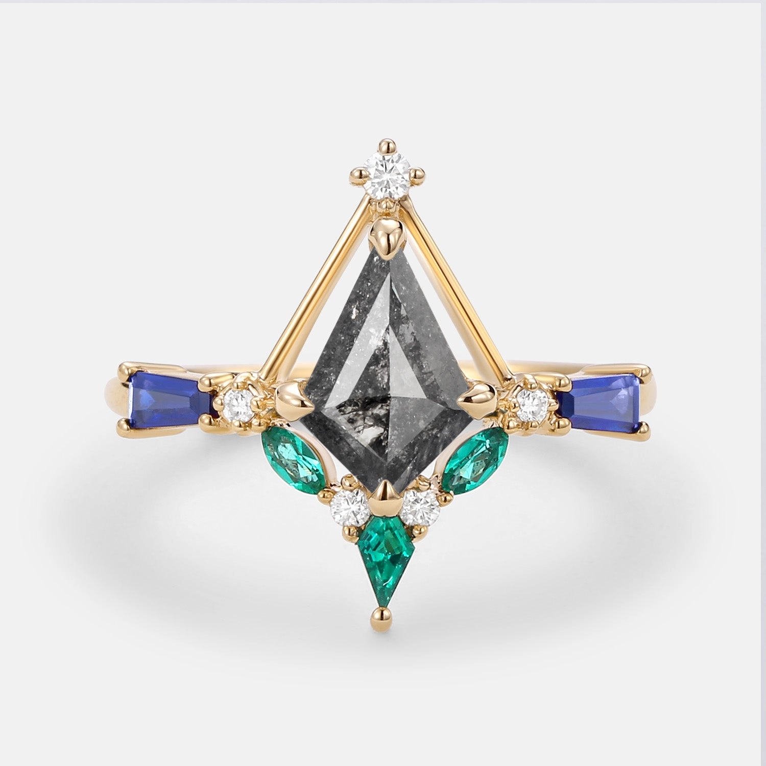 Unique Kite Cut Salt and Pepper Diamond Curved Engagement Ring Processed Item Classic Sparkle