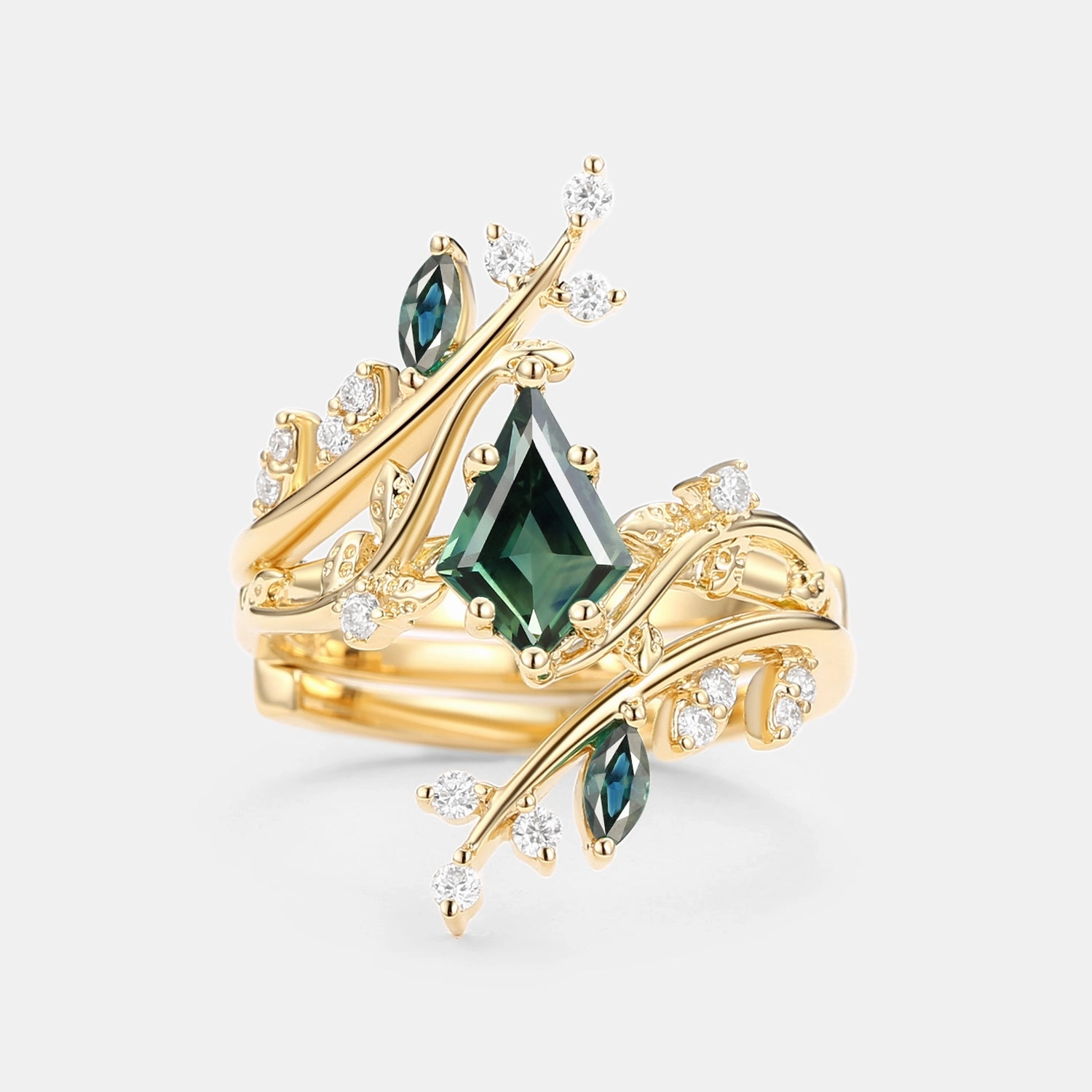 Unique Kite Cut Teal Sapphire Cage Leafy Engagement Ring Sets 2pcs - Knight Artistic Flair Polished Spark