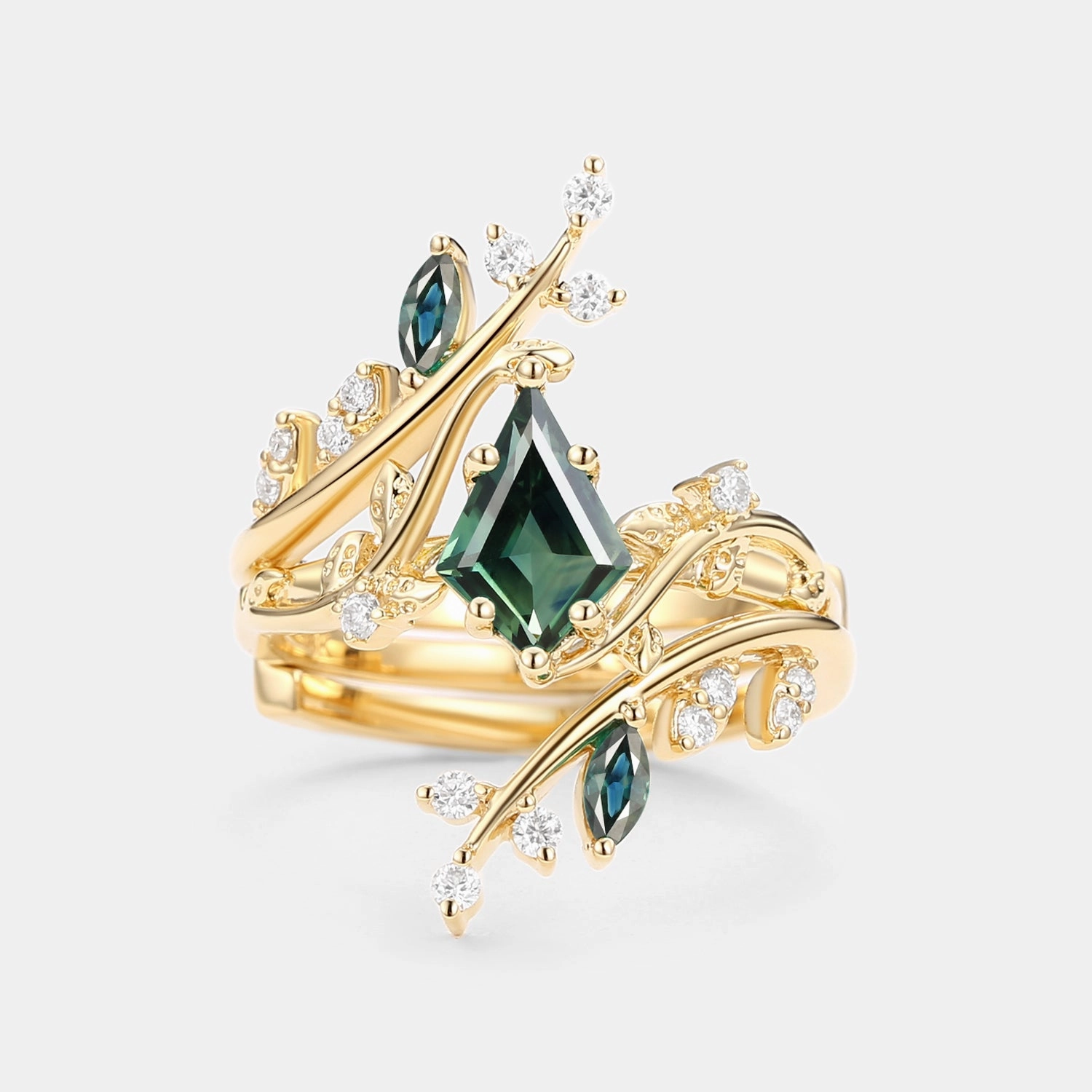 Unique Kite Cut Teal Sapphire Cage Leafy Engagement Ring Sets 2pcs - Knight Pop Element