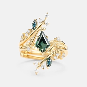 Quick Shine Unique Kite Cut Teal Sapphire Cage Leafy Engagement Ring Sets 2pcs - Knight