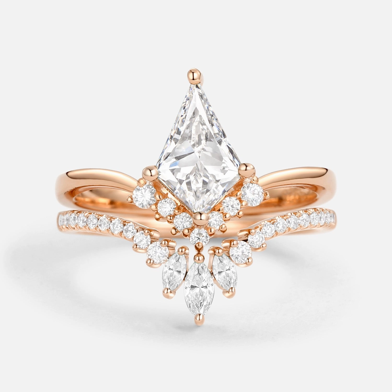 Unique Kite Lab Grown Diamond Engagement Ring Set 2pcs - Aero Fine Details Bold Bauble