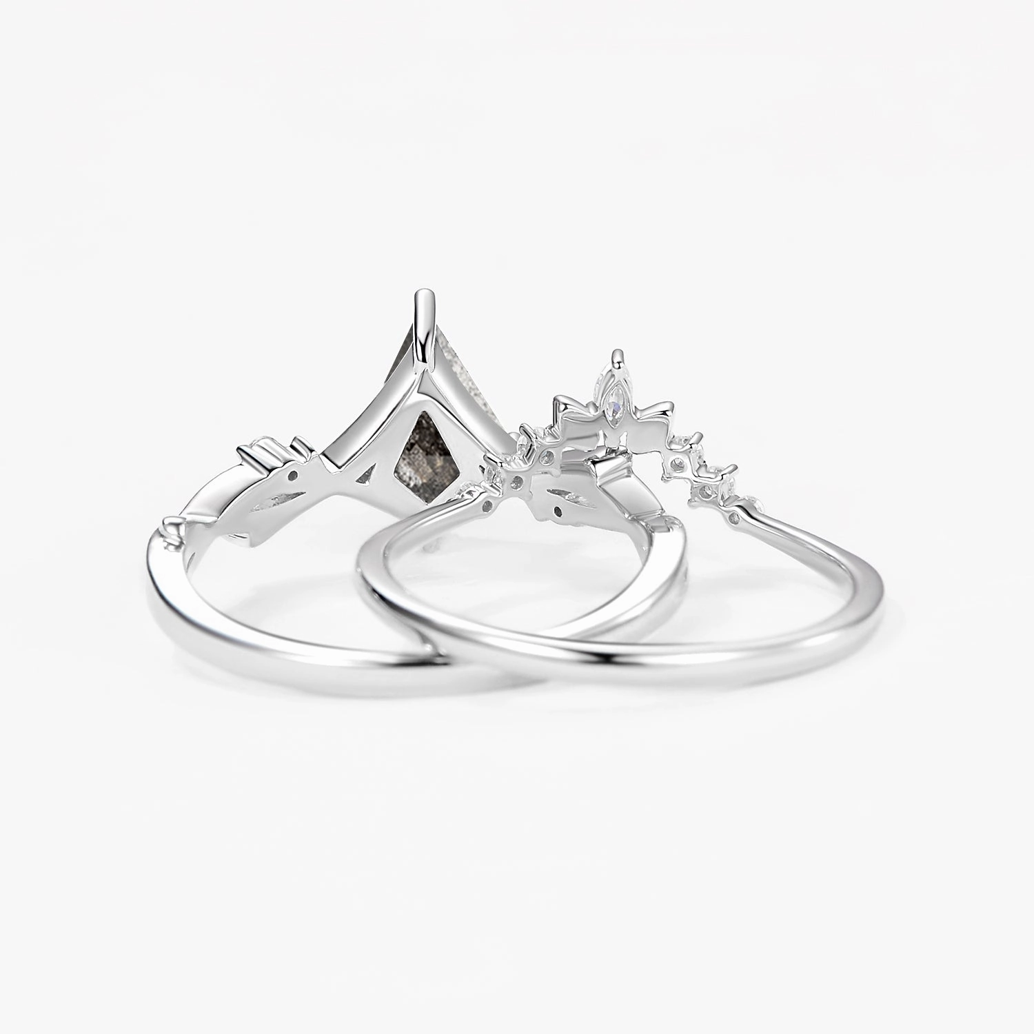 Delicate Trinket Elegant Structure Unique Kite Salt & Pepper Diamonds Branch Engagement Ring 2pcs