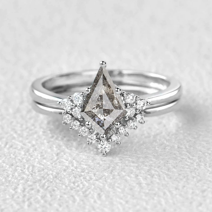 Unique Kite Salt & Pepper Diamonds Engagement Ring 2pcs Artisan Glam Chic Accessory