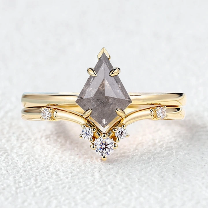 Unique Kite Salt and Pepper Diamonds Ring Set 2pcs Chic Touch