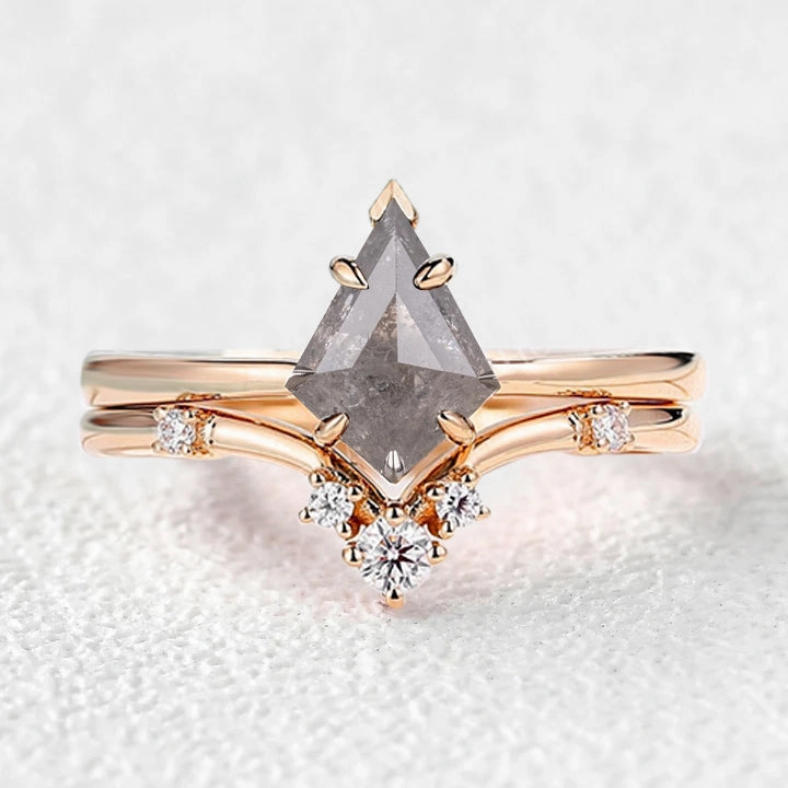 Unique Kite Salt and Pepper Diamonds Ring Set 2pcs Chic Flash Dramatic Look