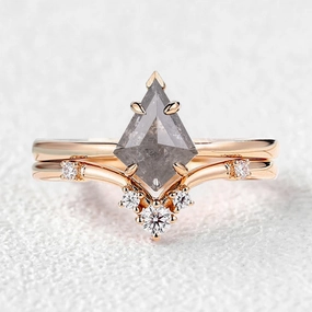 Classic Fashion Unique Kite Salt and Pepper Diamonds Ring Set 2pcs