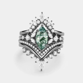 Signature Sparkle Unique Marquise Moss Agate Engagement Ring Set 4pcs - Amelia