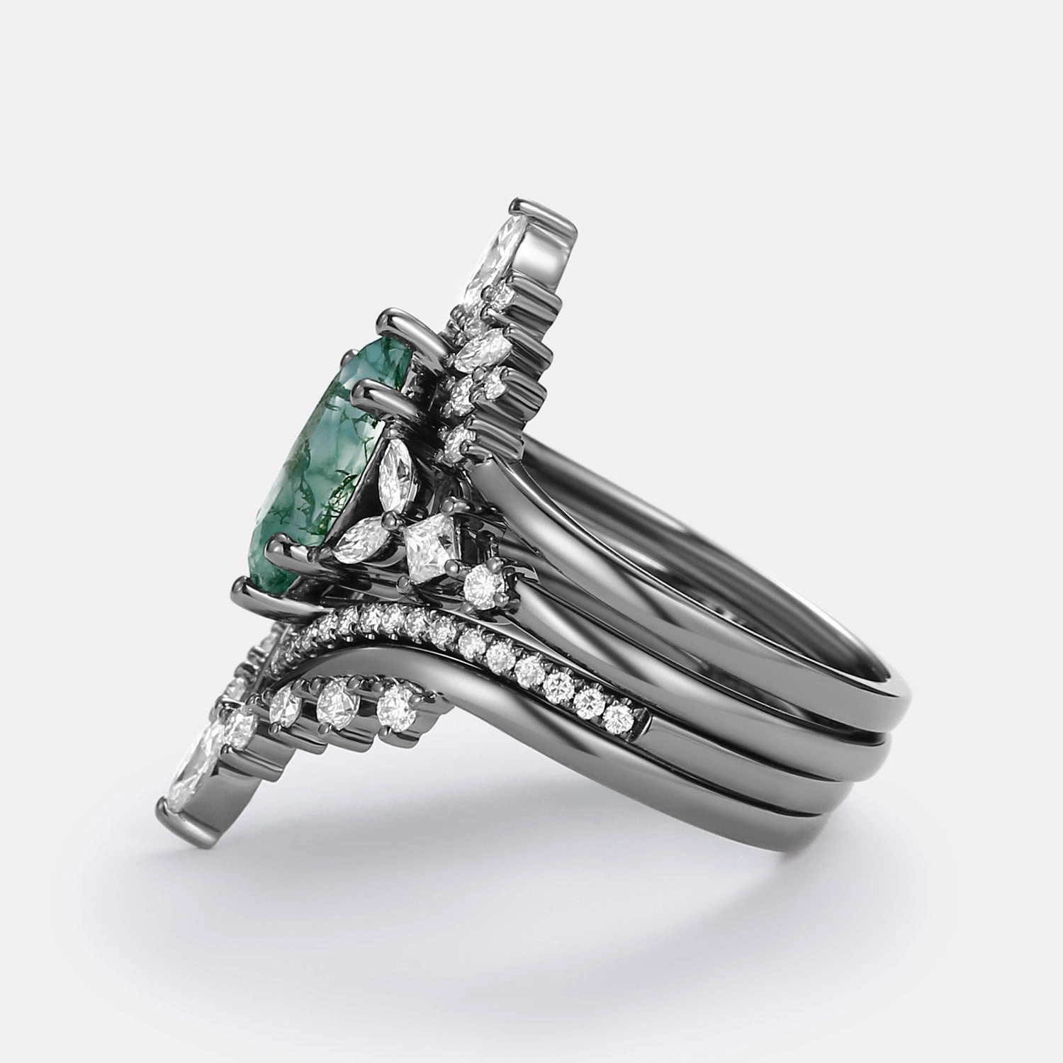 Close Up Classic Form Unique Marquise Moss Agate Engagement Ring Set 4pcs - Amelia