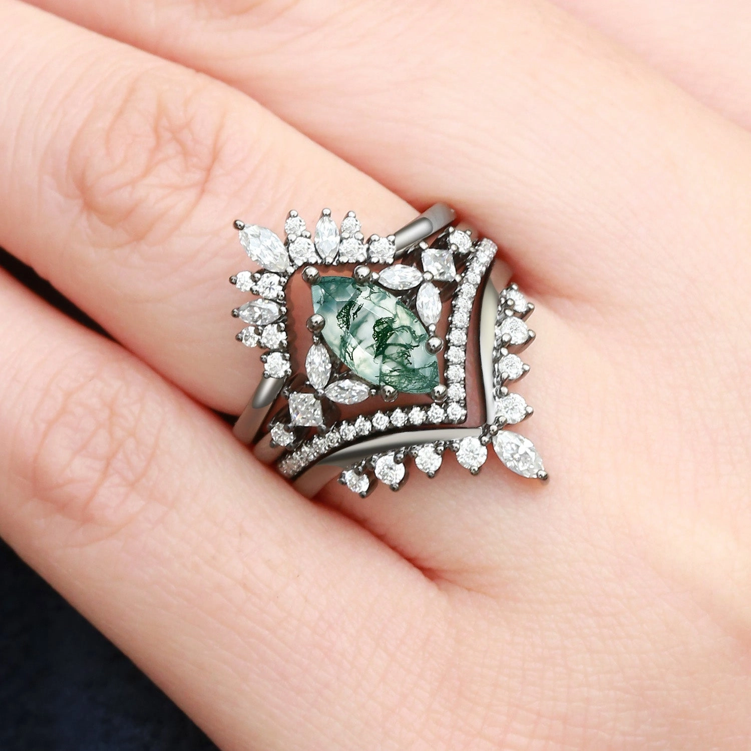 Unique Marquise Moss Agate Engagement Ring Set 4pcs - Amelia Charming Sparkle