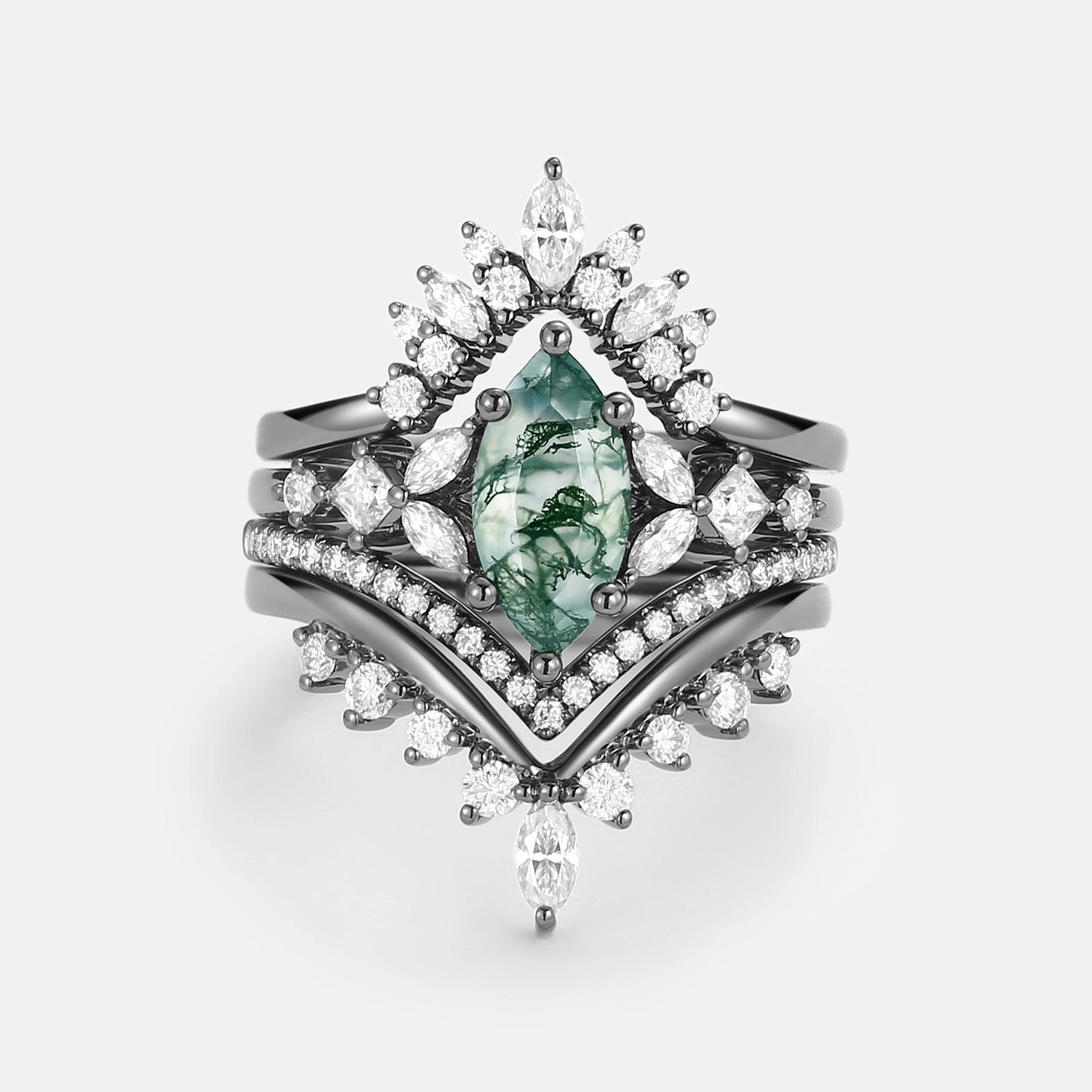 Signature Sparkle Unique Marquise Moss Agate Engagement Ring Set 4pcs - Amelia