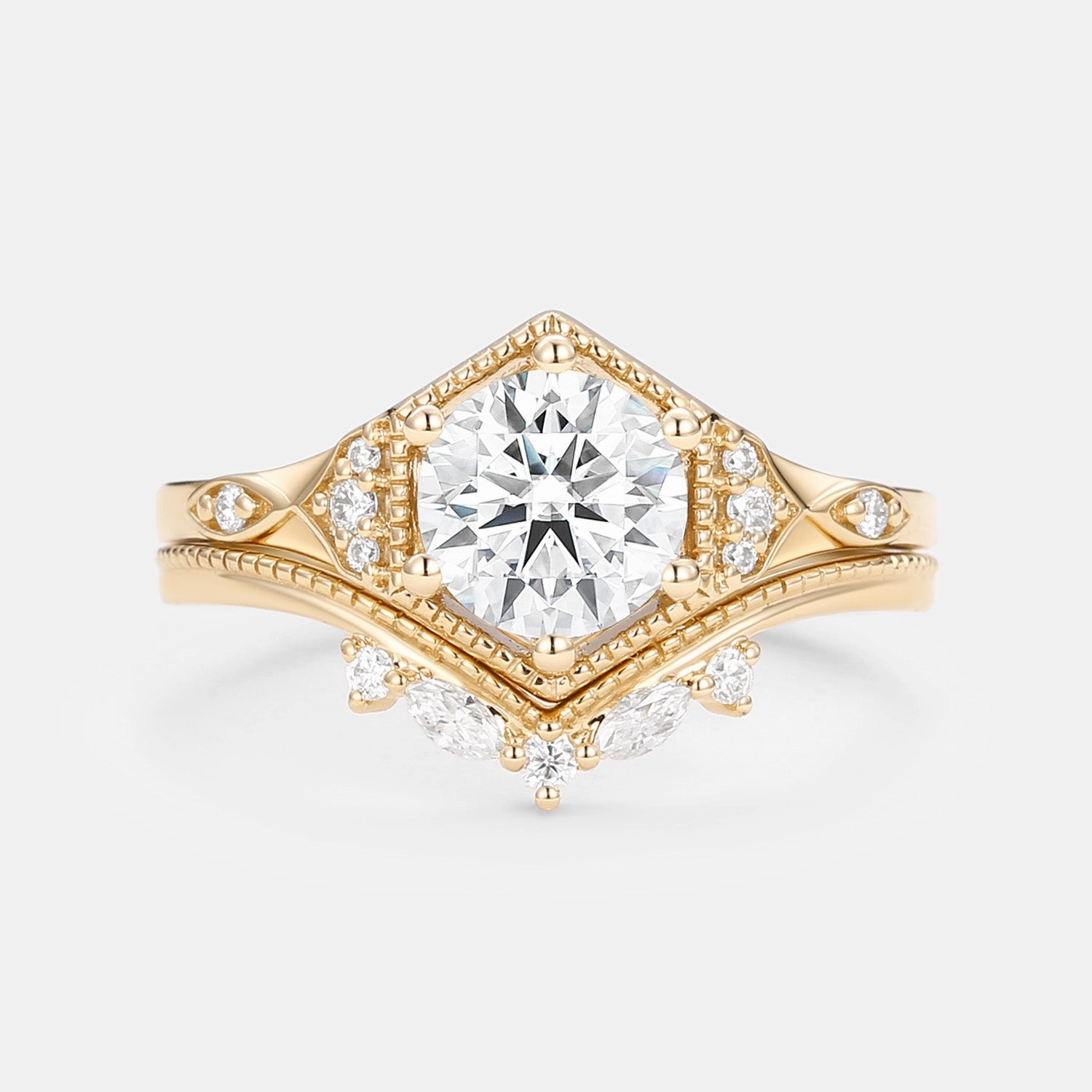 Digital Product Minimalist Adornment Unique Moissanite Yellow Gold Ring Set 2pcs
