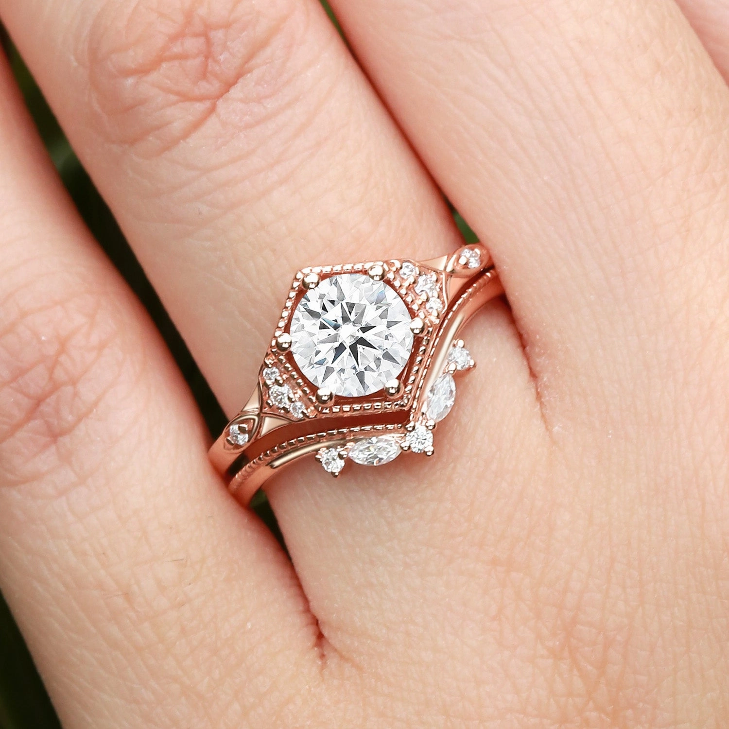 Captivating Style Unique Moissanite Yellow Gold Ring Set 2pcs