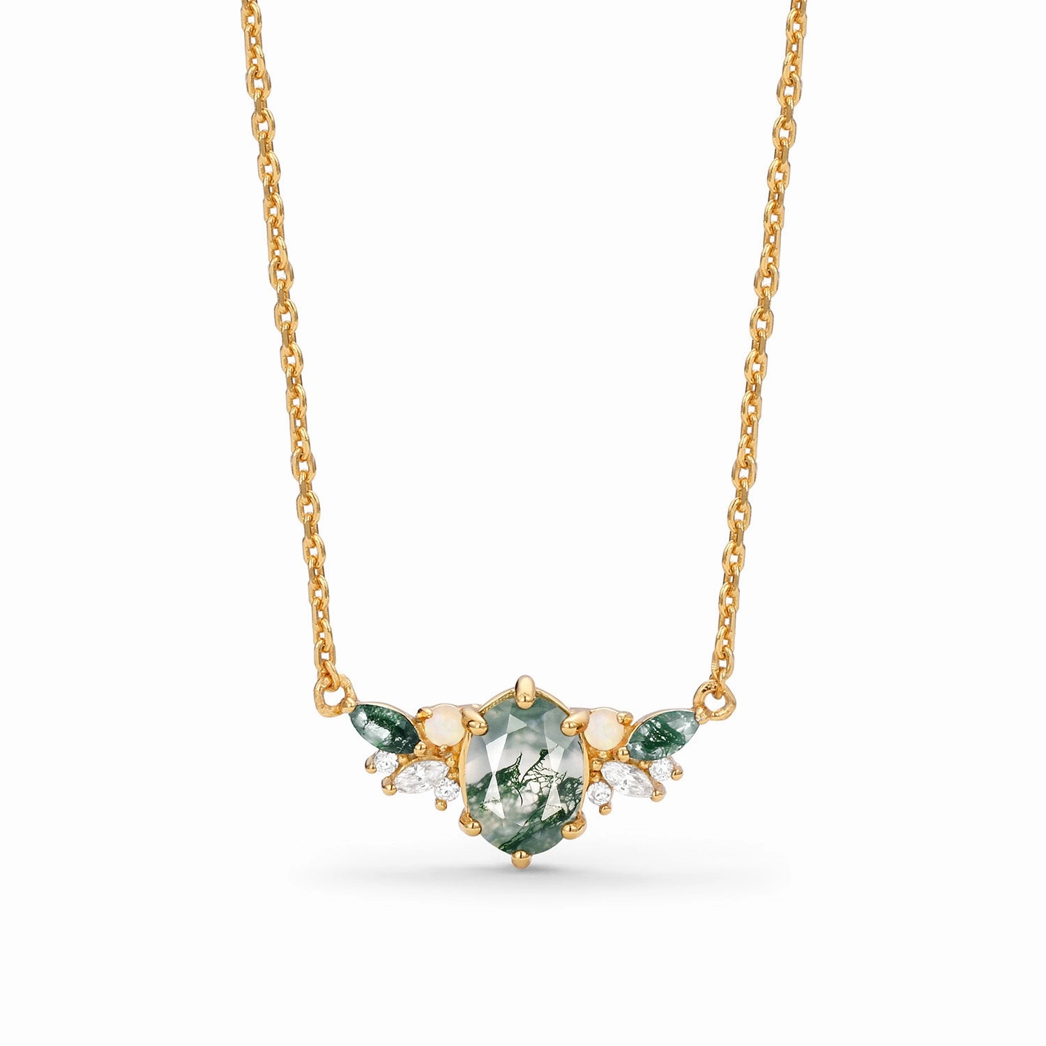 Occasional Accessory Unique Moss Agate & Opal Yellow Gold Necklace