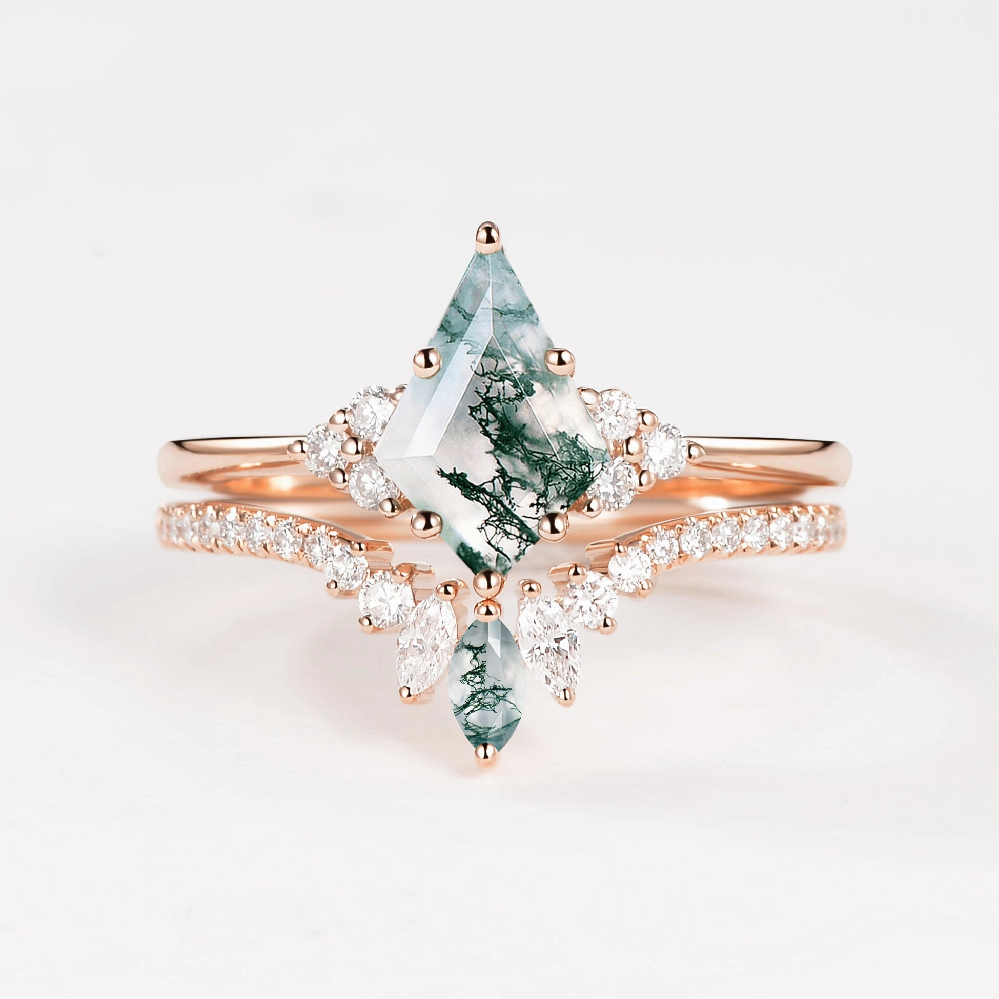Minimal Pop Unique Moss Agate Cluster Engagement Ring Set 2pcs - Lydia