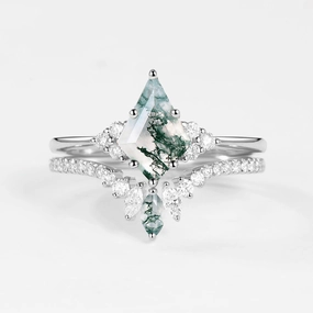 Elegant Update Unique Moss Agate Cluster Engagement Ring Set 2pcs - Lydia