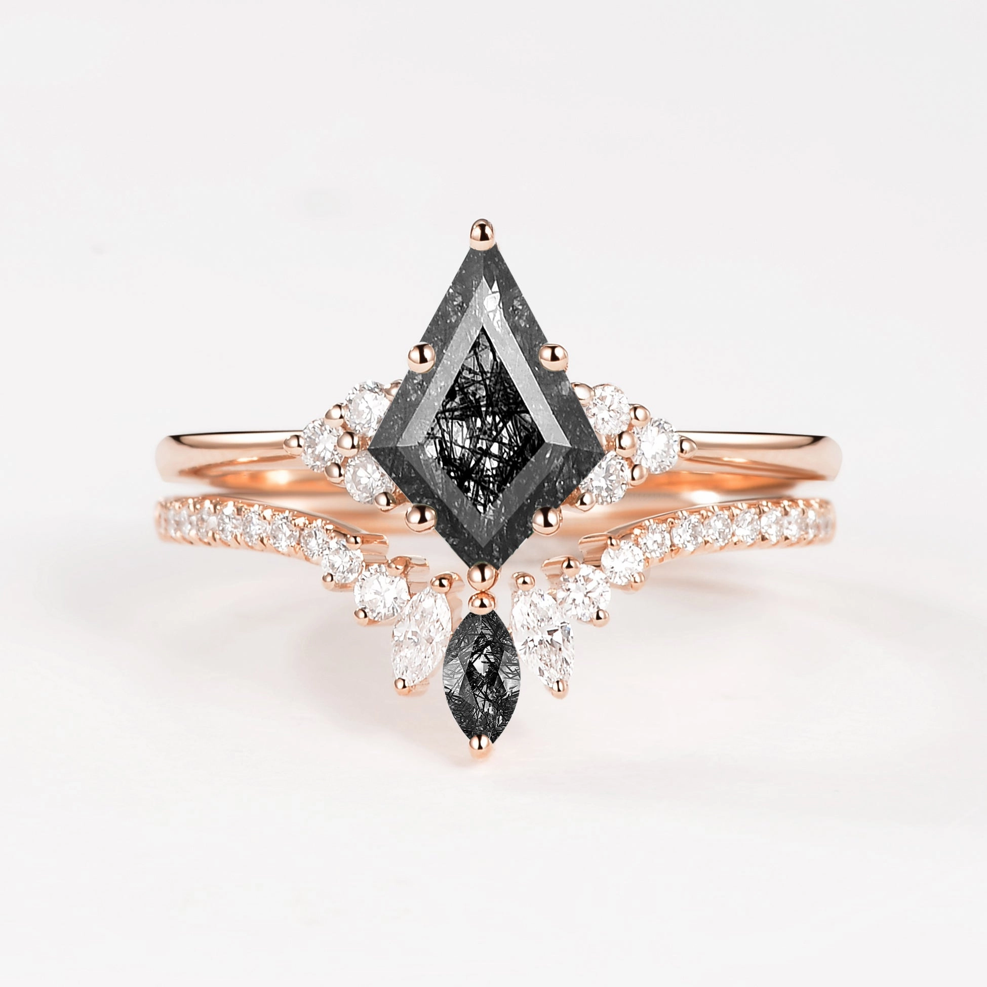 Unique Moss Agate Cluster Engagement Ring Set 2pcs - Lydia Soft Polish