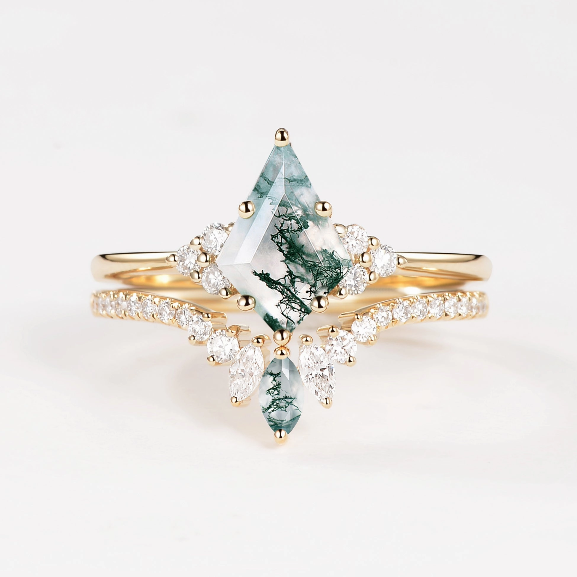 Unique Moss Agate Cluster Engagement Ring Set 2pcs - Lydia Fashion Piece