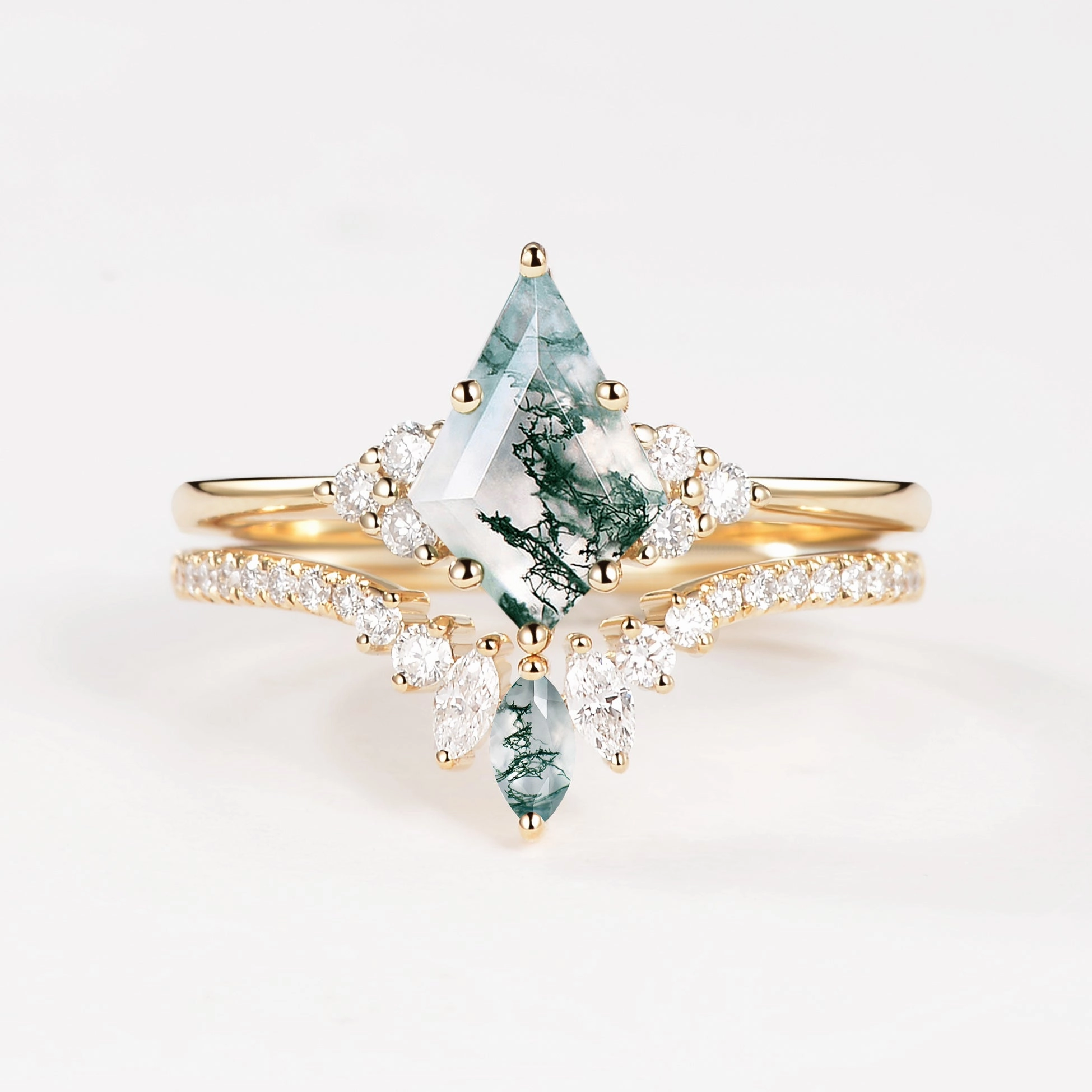 Brilliant Detail Unique Moss Agate Cluster Engagement Ring Set 2pcs - Lydia