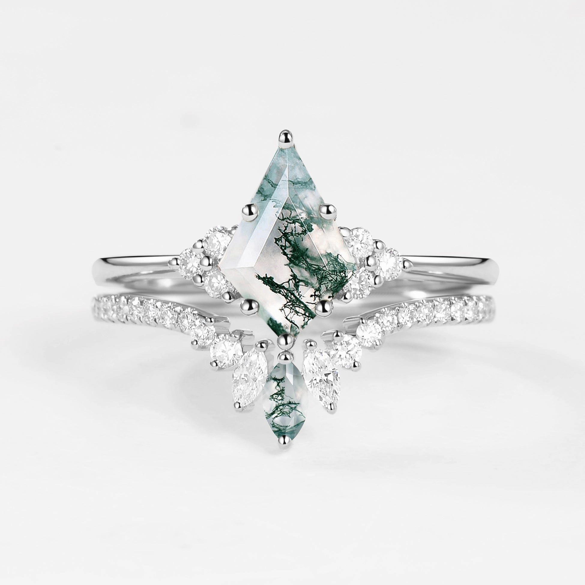 Elegant Update Unique Moss Agate Cluster Engagement Ring Set 2pcs - Lydia