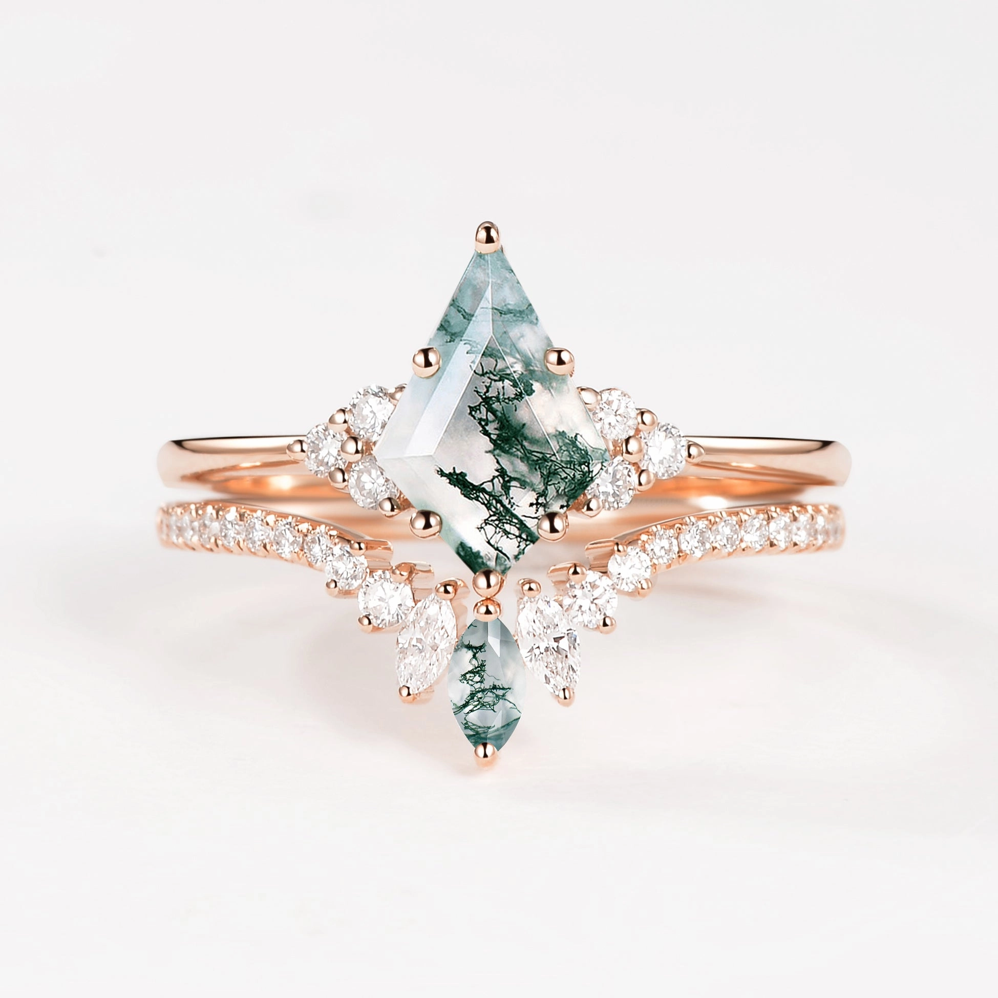 Vibrant Touch Formal Accent Unique Moss Agate Cluster Engagement Ring Set 2pcs - Lydia