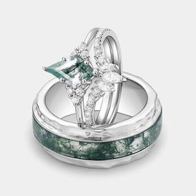 Unique Moss Agate Engagement Couple Ring Set 3pcs - Lydia Fashionable Choice Lustrous Finish