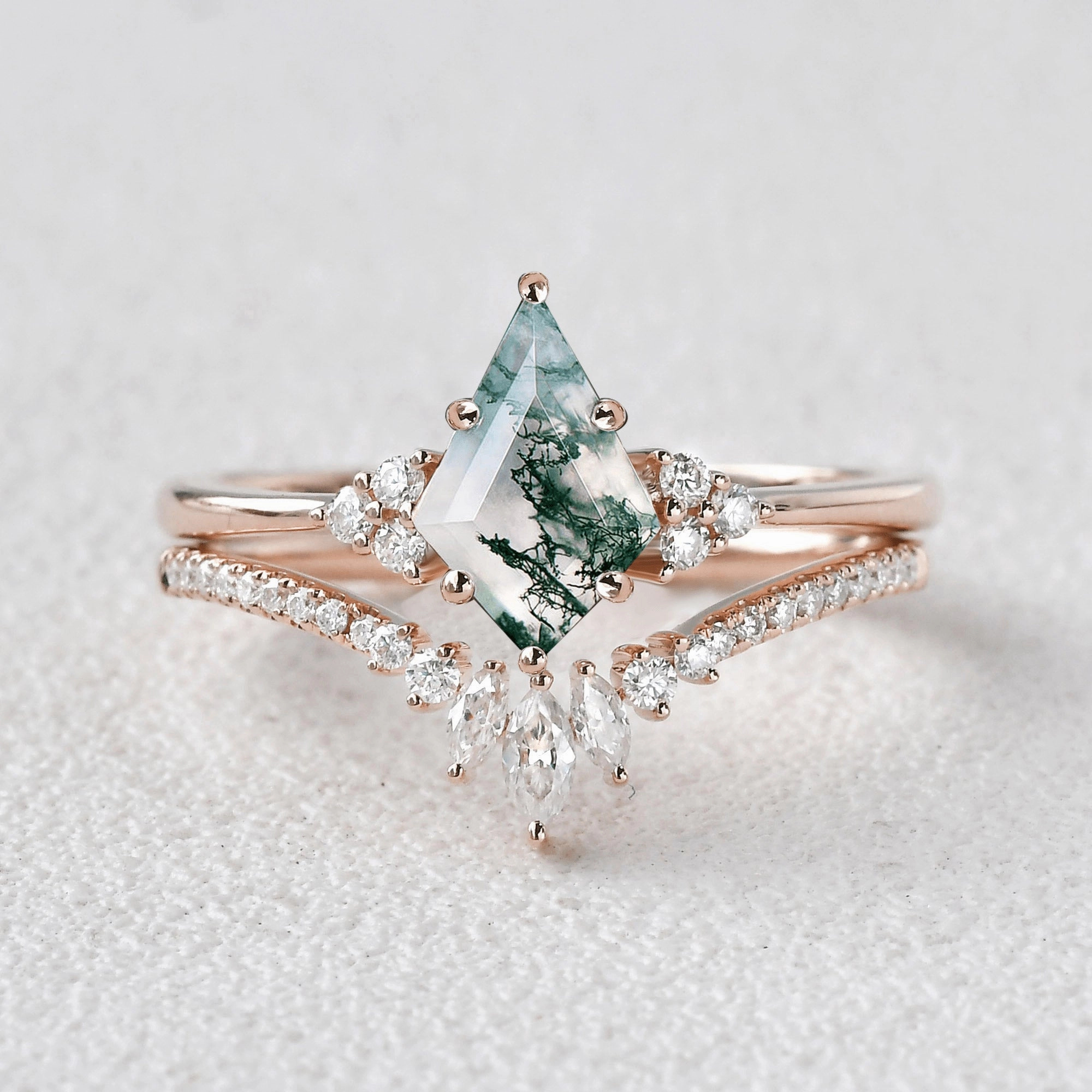 Unique Moss Agate Engagement Couple Ring Set 3pcs - Lydia Exclusive Glam Chic Update