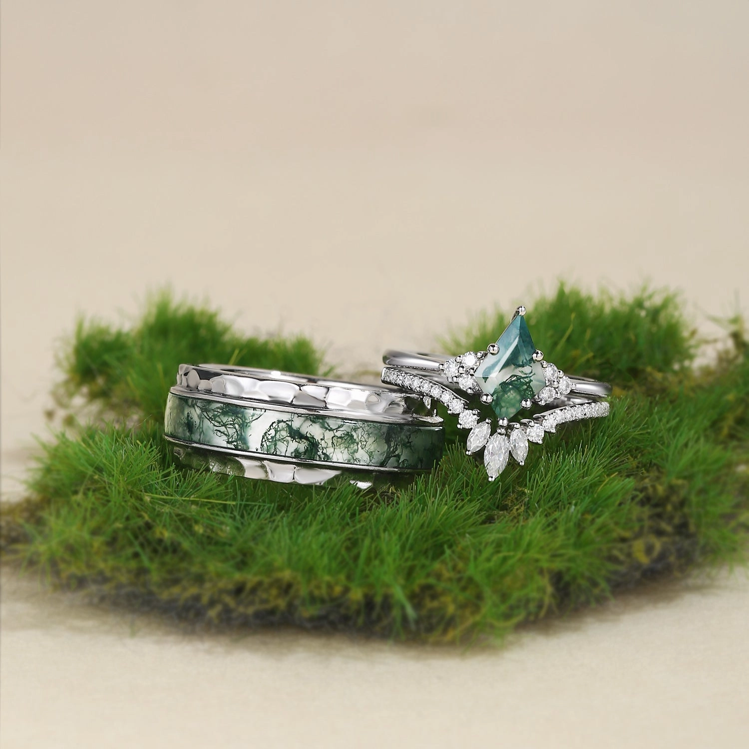 Romantic Jewelry Unique Moss Agate Engagement Couple Ring Set 3pcs - Lydia