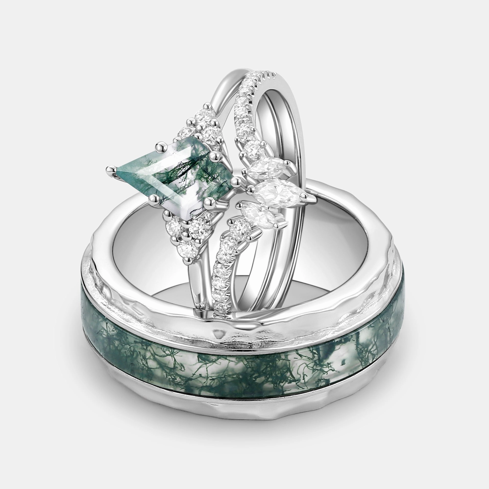 Unique Moss Agate Engagement Couple Ring Set 3pcs - Lydia Effortless Glow Structured Design