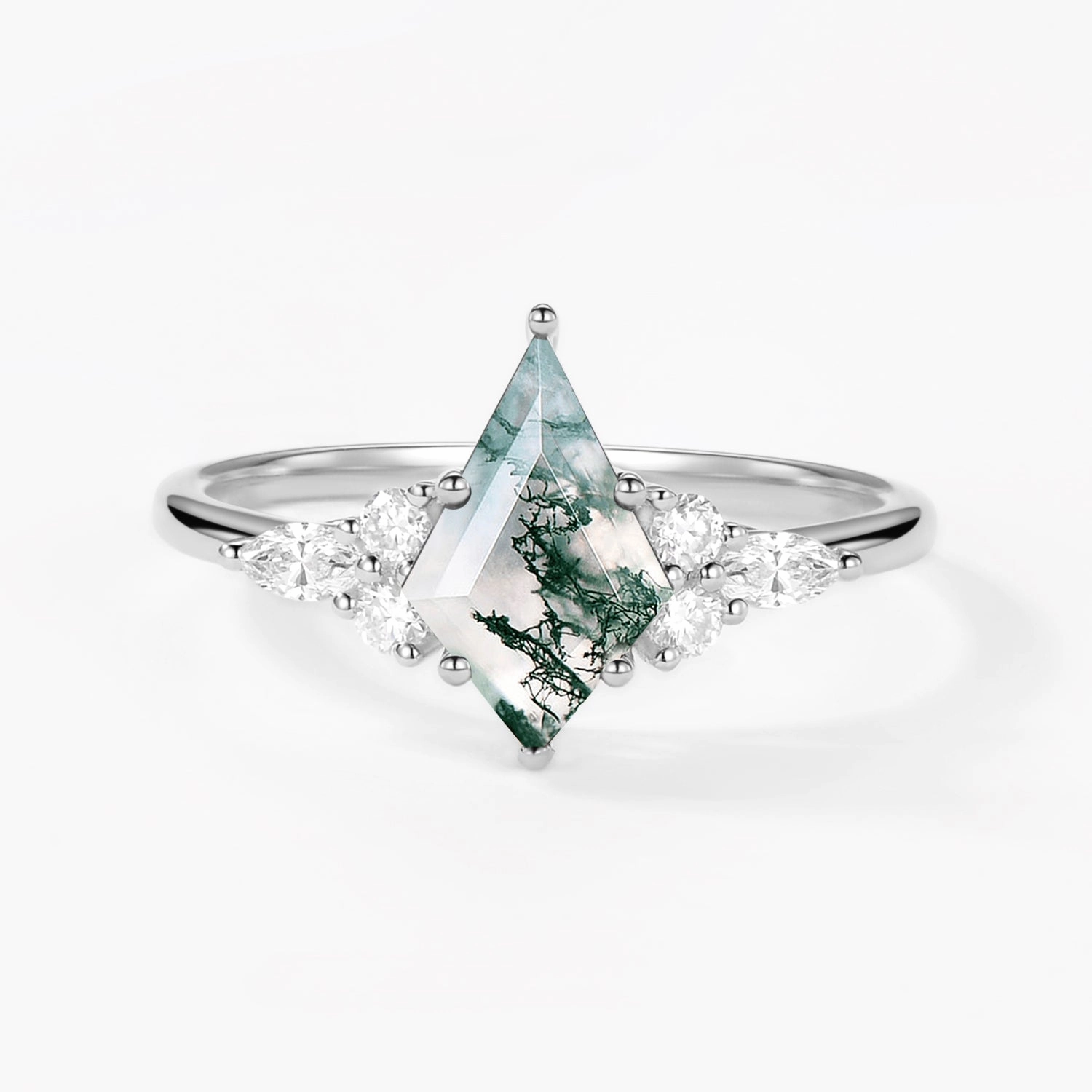 Unique Moss Agate Kite Cut Three Sides Stone Engagement Ring Seasonal Pairing Elegant Form