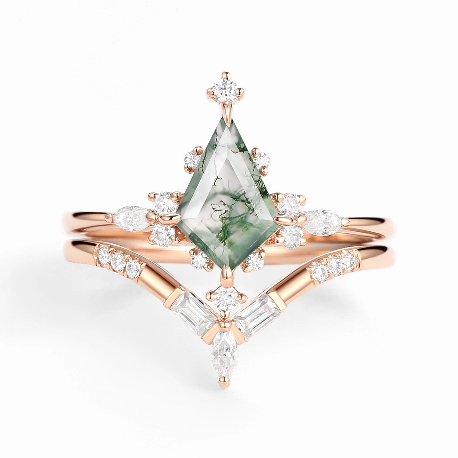 Creative Glance Radiant Sparkle Unique Moss Agate Star Kite Engagement Ring Set 2pcs - Isla