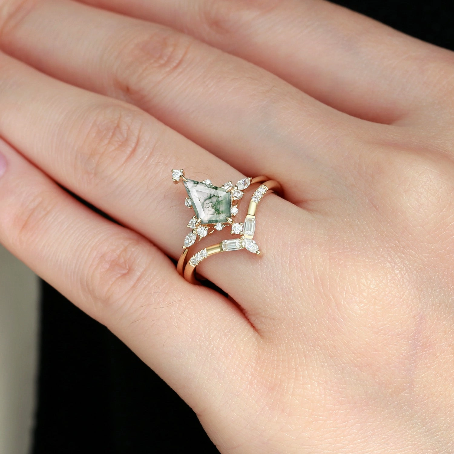 Unique Moss Agate Star Kite Engagement Ring Set 2pcs - Isla Outdoor Light