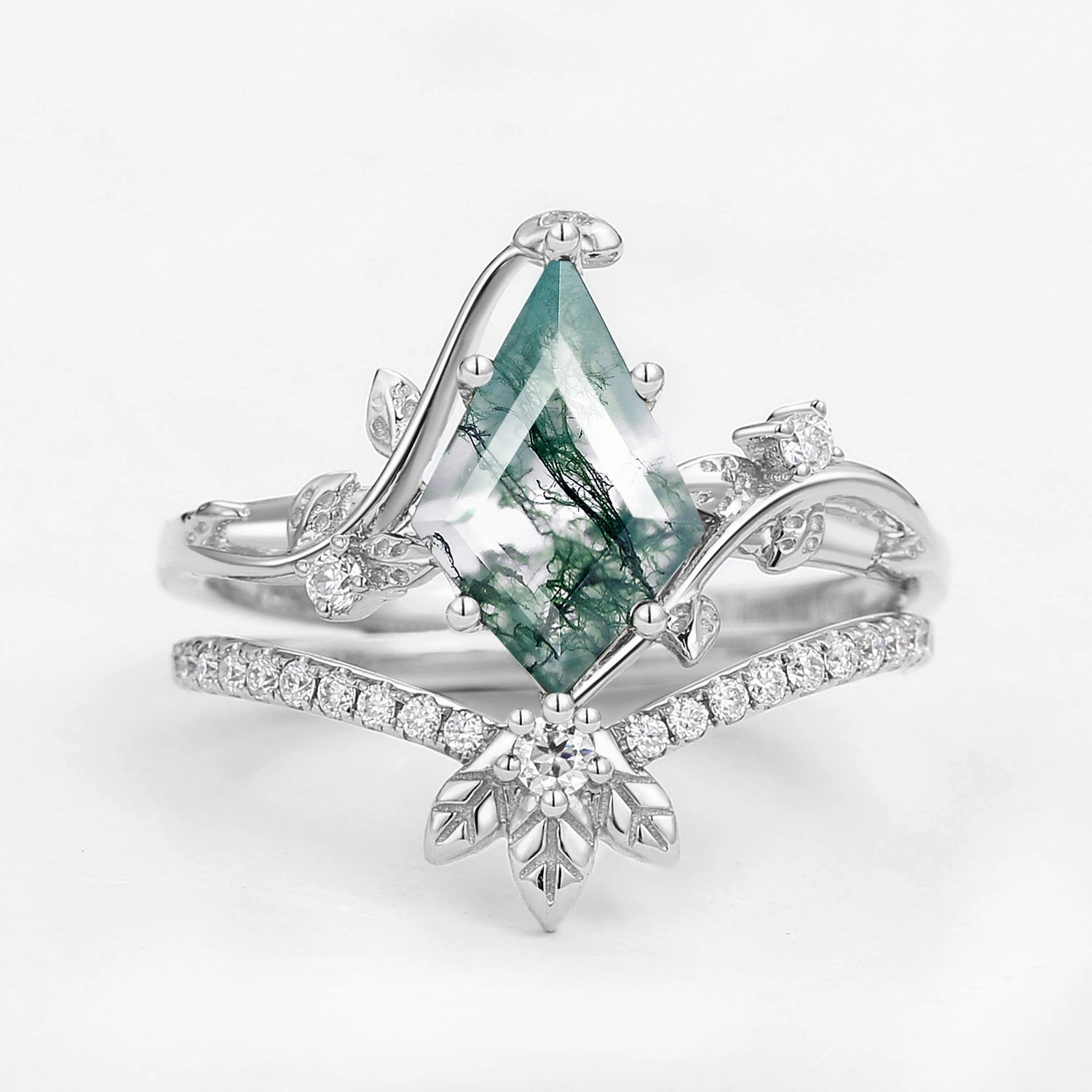 Relaxed Style Unique Moss Agate Three Leaves Engagement Ring Set 2pcs - Ella