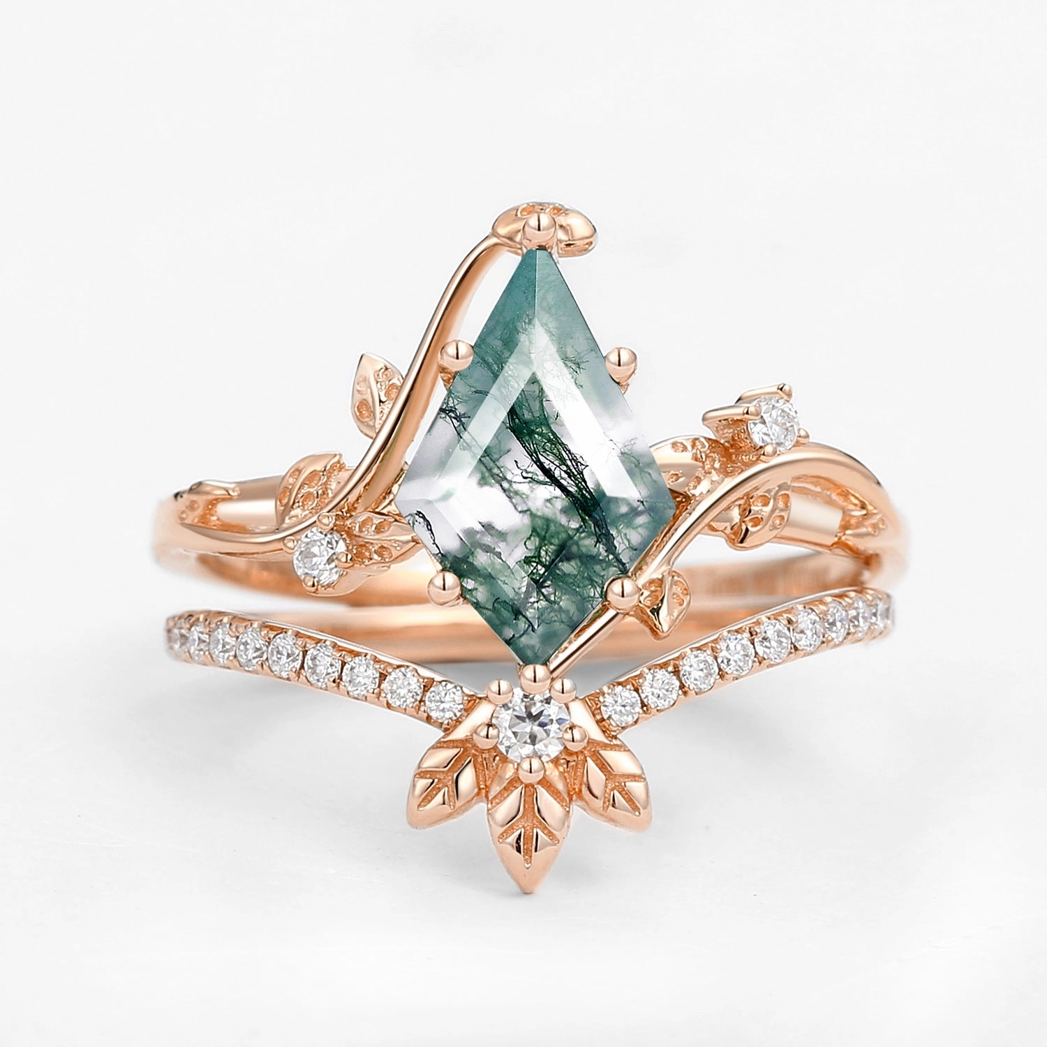 Fashion Icon Unique Moss Agate Three Leaves Engagement Ring Set 2pcs - Ella