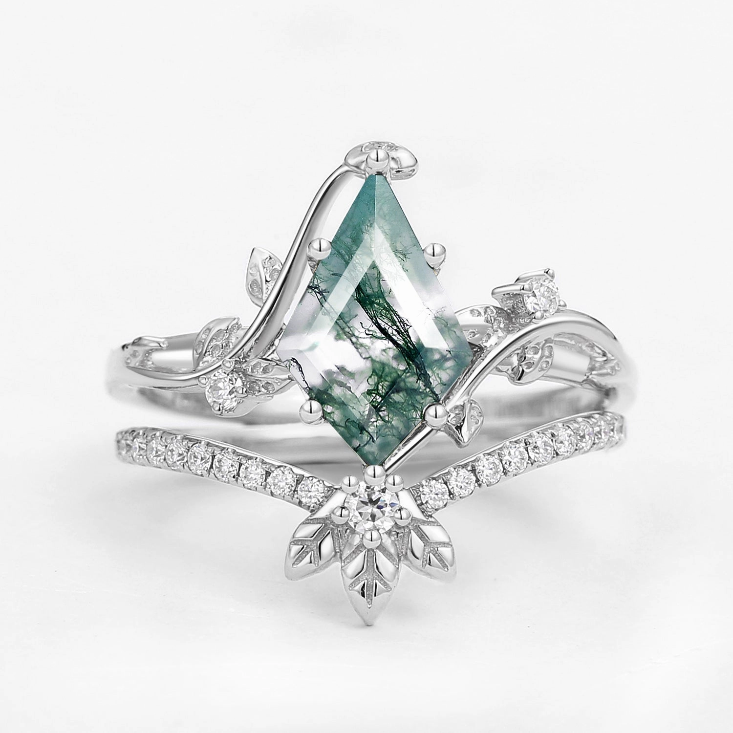 Cool Form Captivating Style Unique Moss Agate Three Leaves Engagement Ring Set 2pcs - Ella