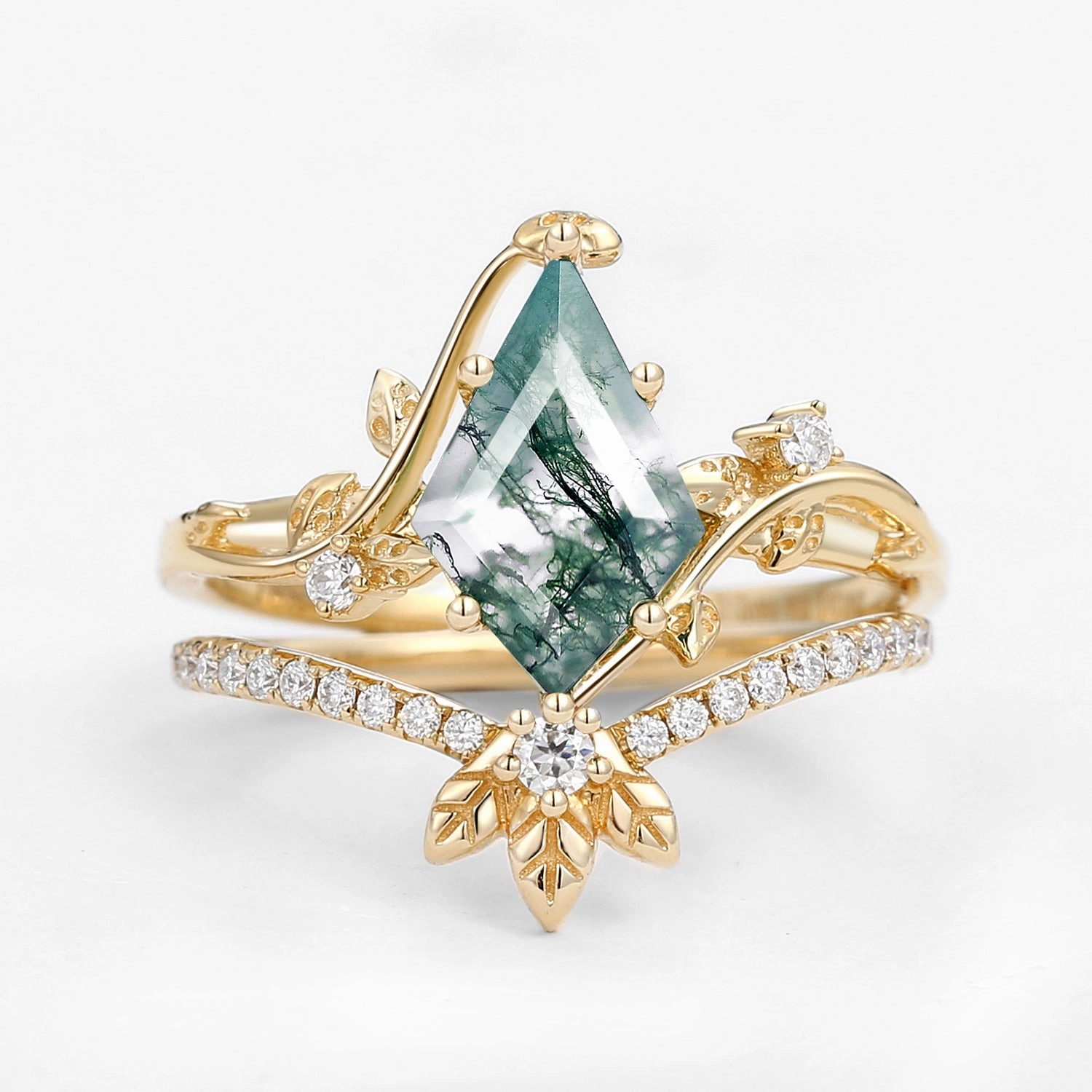 Unique Moss Agate Three Leaves Engagement Ring Set 2pcs - Ella Understated Spark