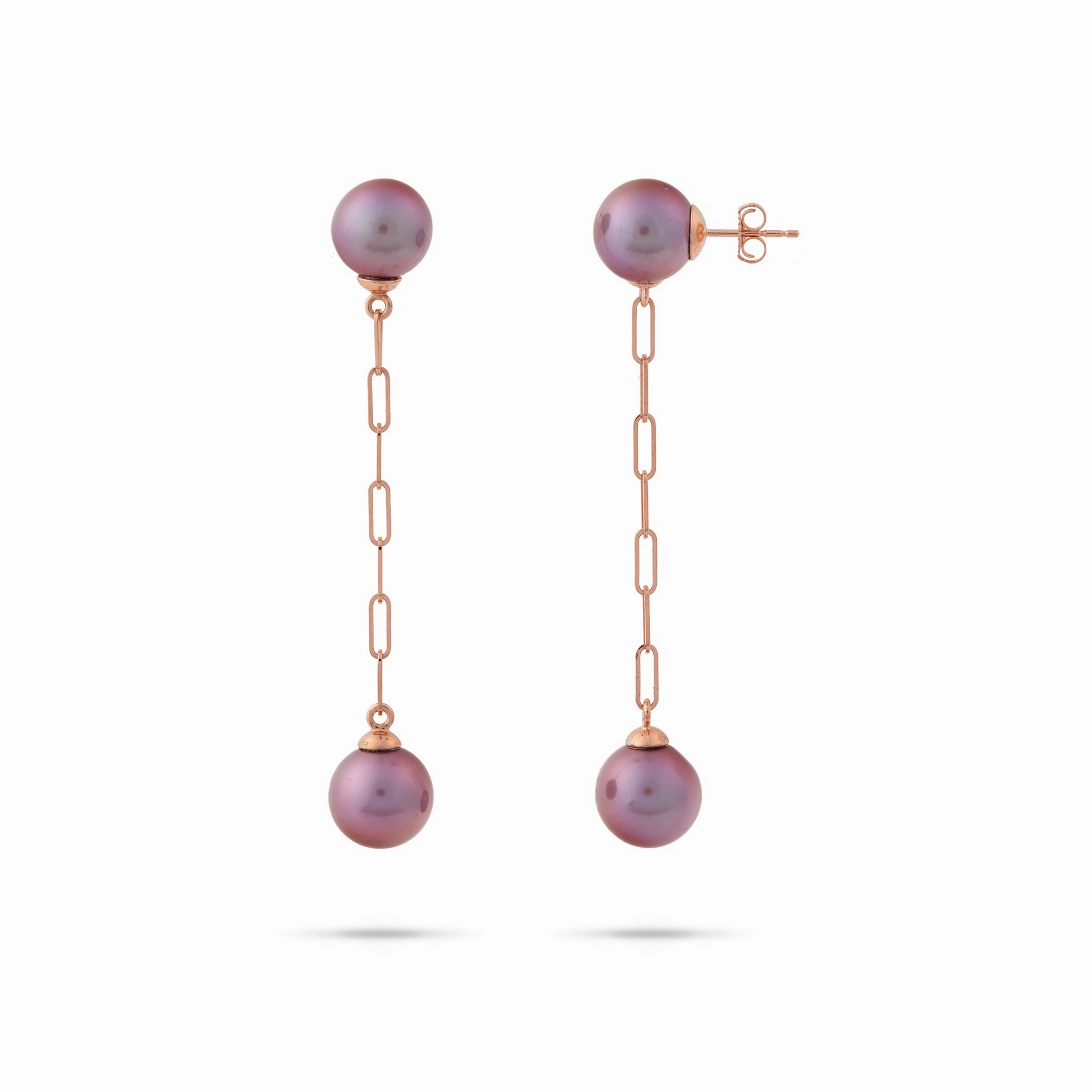 Polished Feature Ultraviolet Freshwater Pearl Paperclip Chain Earrings in Rose Gold - 9-10mm