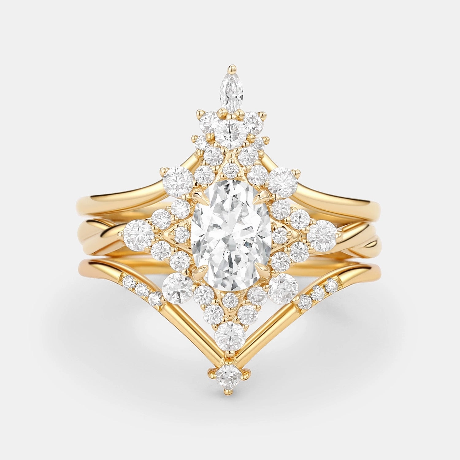 Luxury Finish Gift Appeal Unique Oval Cut Moissanite Chevron Engagement Ring Set 3pcs