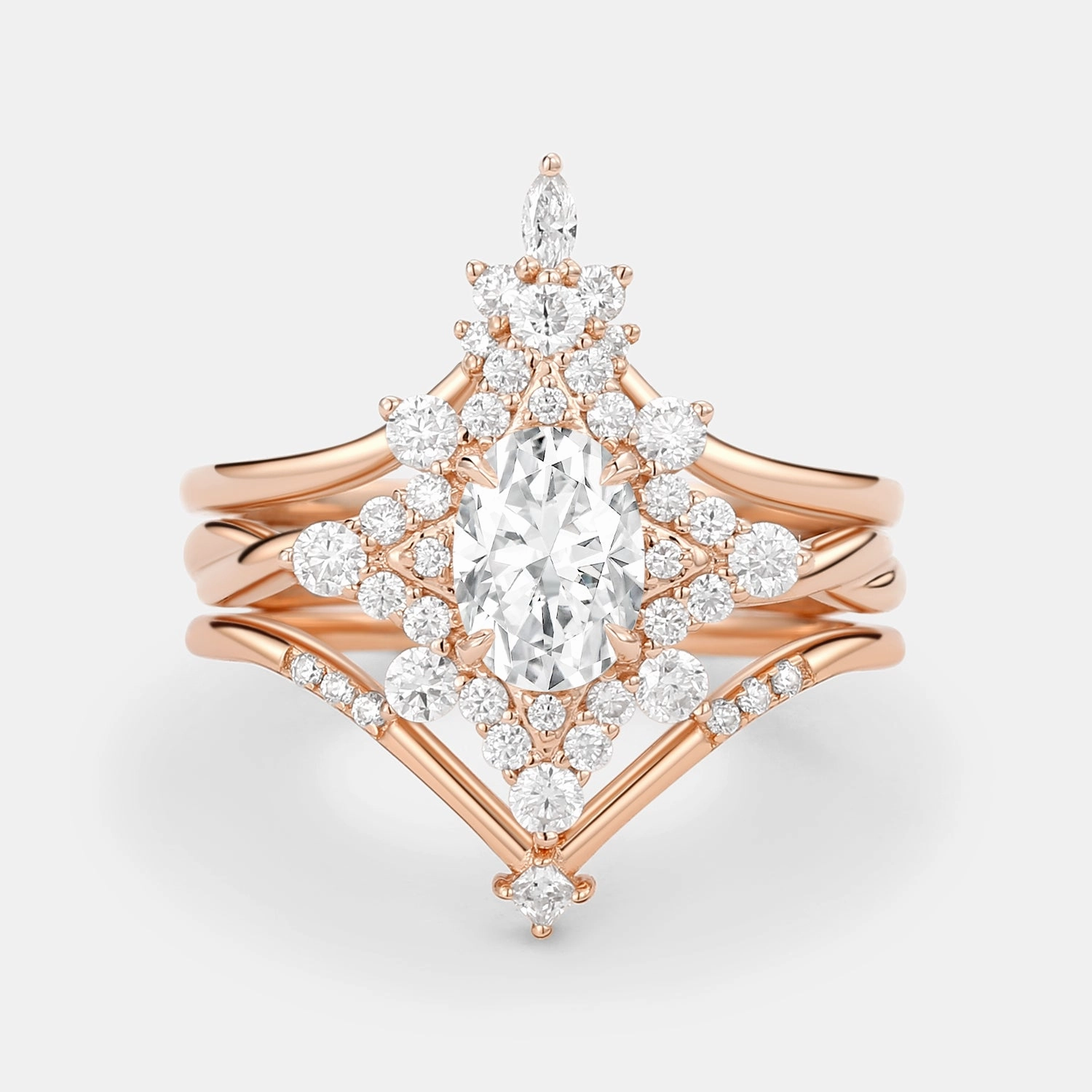 Close Detail Sparkle Pop Unique Oval Cut Moissanite Chevron Engagement Ring Set 3pcs