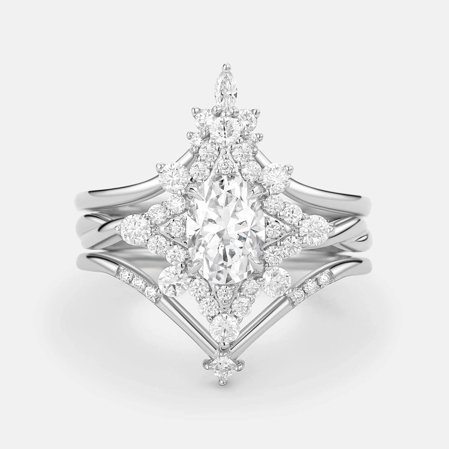 Unique Oval Cut Moissanite Chevron Engagement Ring Set 3pcs Edgy Light Gloss Edge