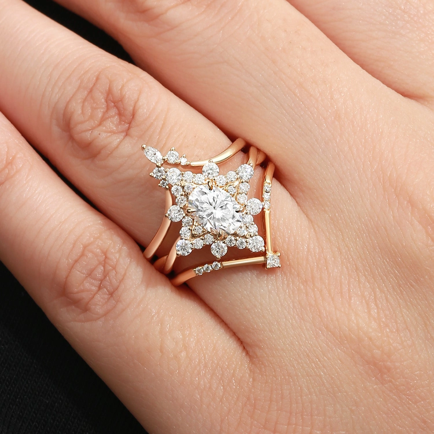 Unique Oval Cut Moissanite Chevron Engagement Ring Set 3pcs Alluring Charm